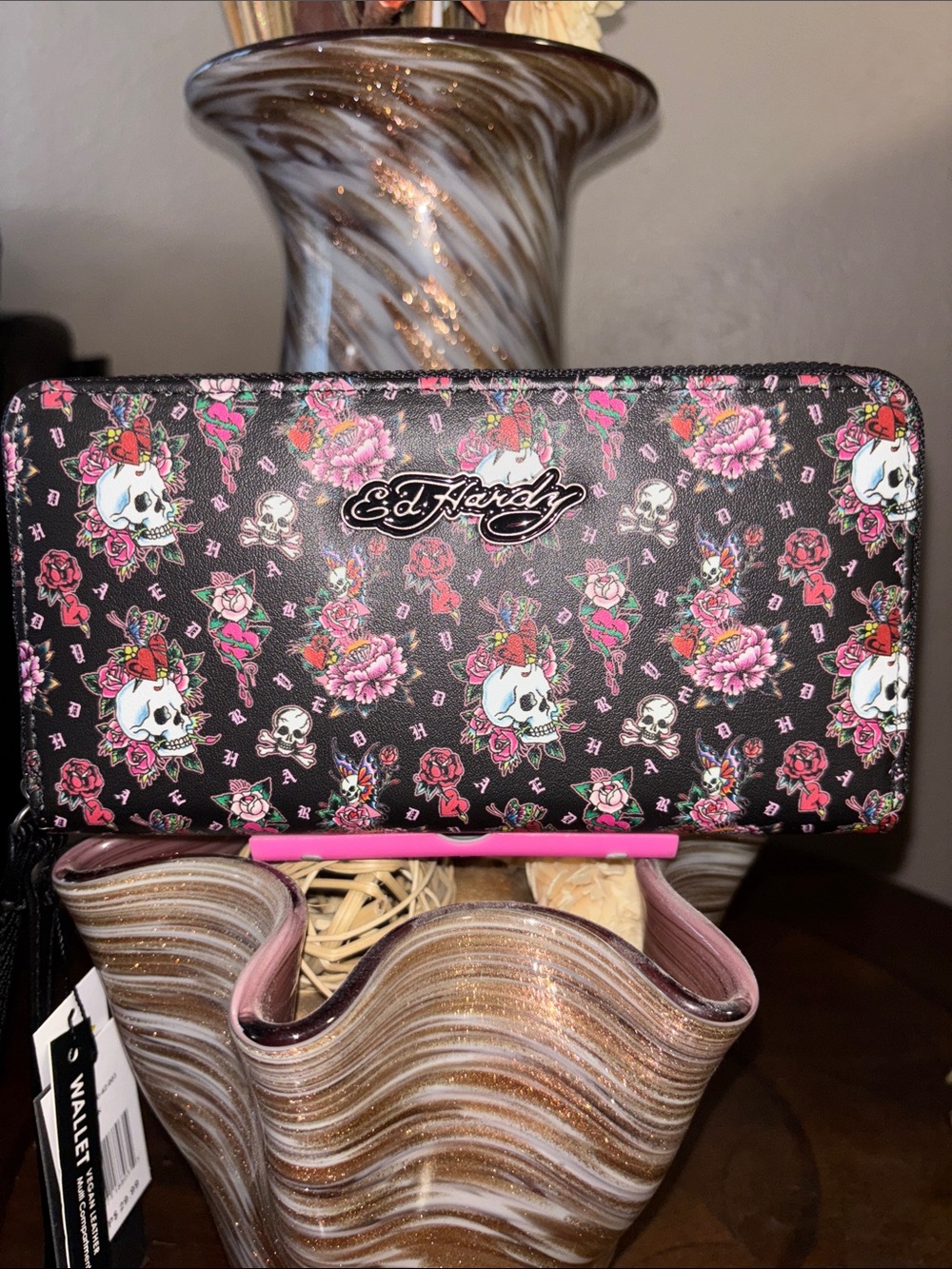 Ed Hardy Black Floral Skull Zip-Around Wallet with Pink Accents